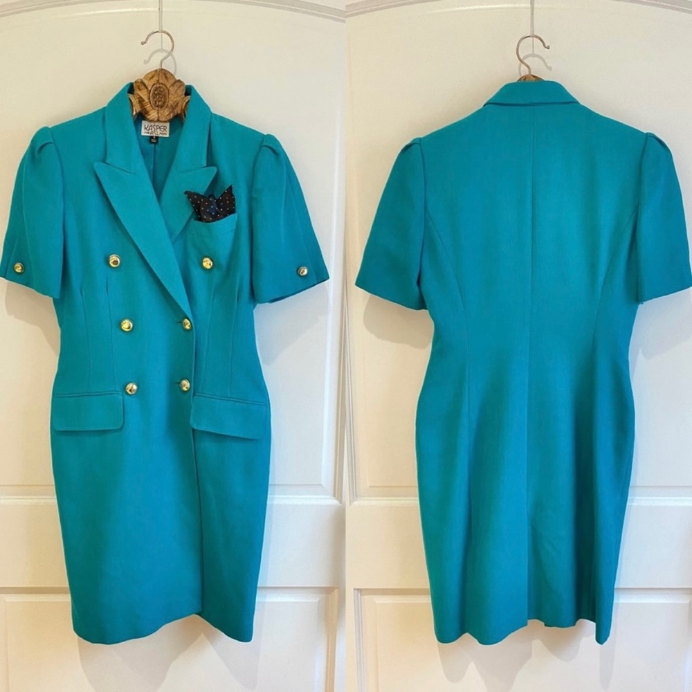 Vintage Kasper for ASL Teal Blazer Dress Size 4 Petite